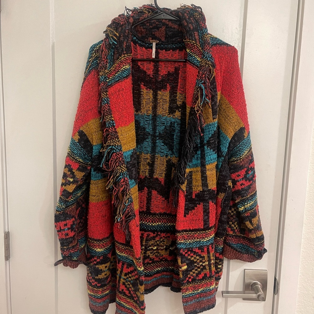 Free People Geometric Multicolor Aztec Knit Cardigan - Red, Teal, Mustard, Black